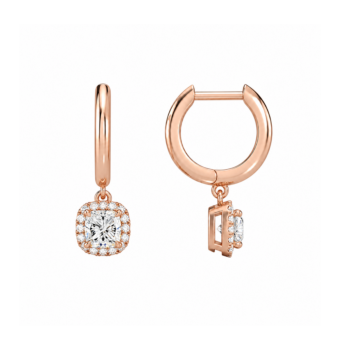 Allegra Cushion Halo Drop Huggie Hoop Lab-Grown Diamond Earrings in 14K Rose Gold, alternate product view