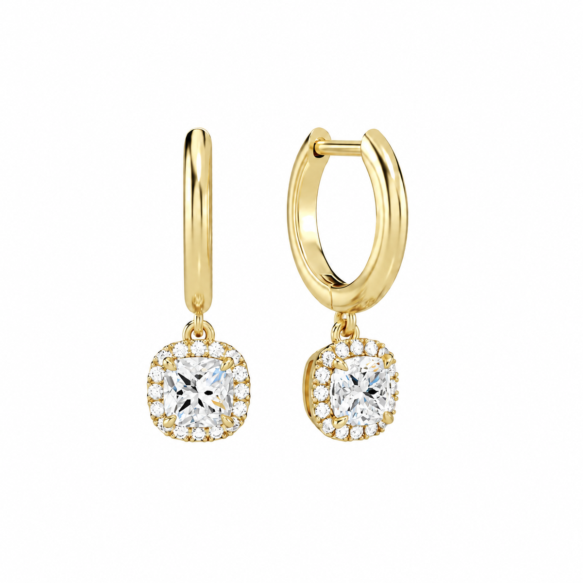Allegra Cushion Halo Drop Huggie Hoop Lab-Grown Diamond Earrings in 18K Yellow Gold, front view