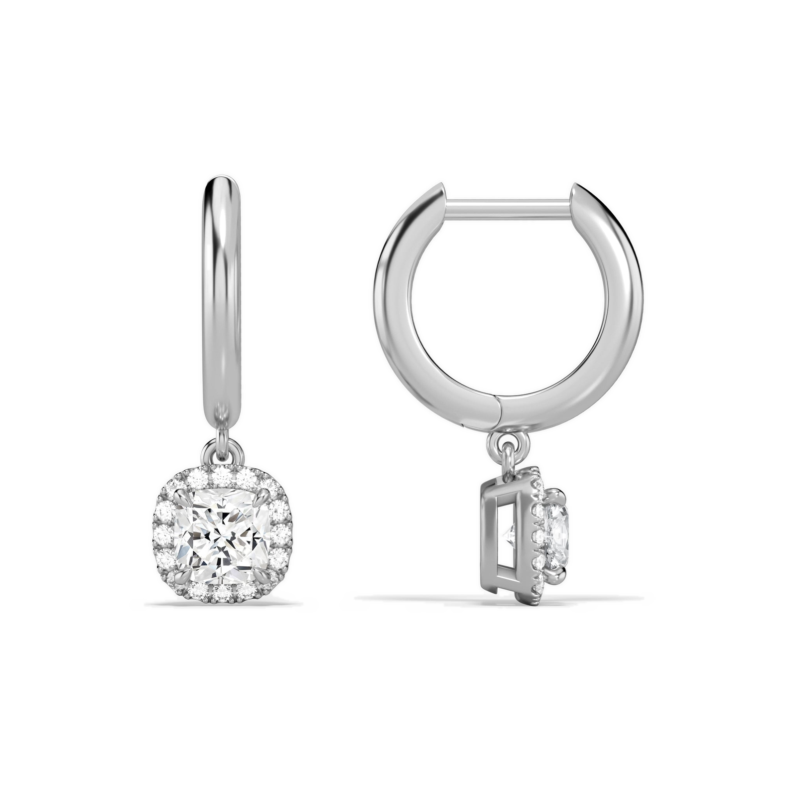 Allegra Cushion Halo Drop Huggie Hoop Diamond Earrings in Platinum second product view
