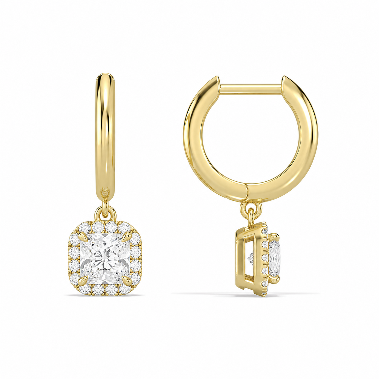 Allegra Cushion Halo Drop Huggie Hoop Diamond Earrings in 18K Yellow Gold second product view