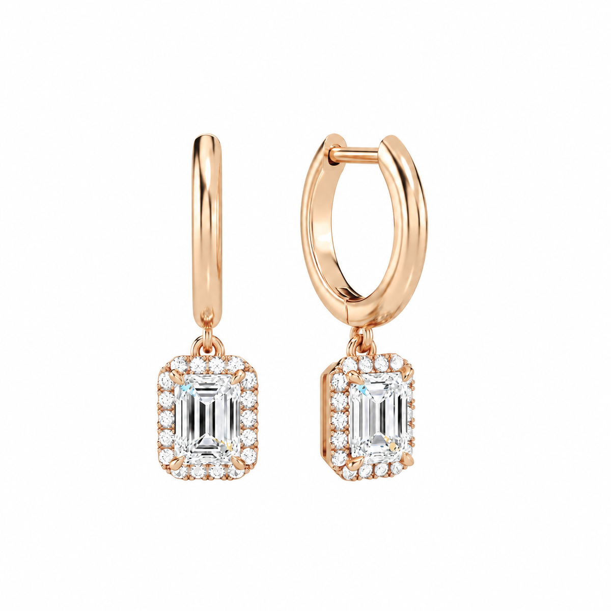 Allegra Emerald Halo Drop Huggie Hoop Lab-Grown Diamond Earrings in 14K Rose Gold, front view