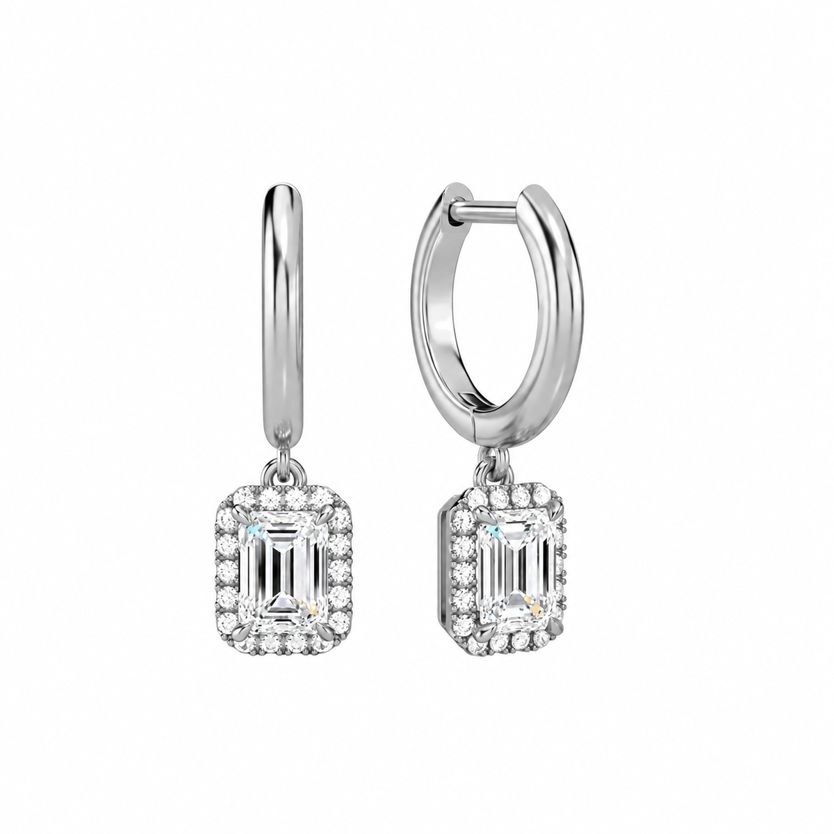 Allegra Emerald Halo Drop Huggie Hoop Lab-Grown Diamond Earrings in 18K White Gold, front view