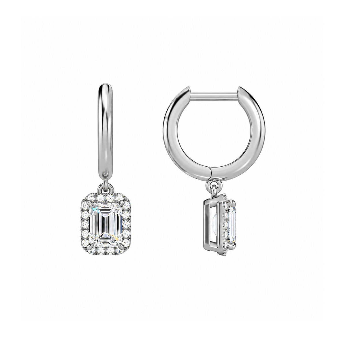 Allegra Emerald Halo Drop Huggie Hoop Lab-Grown Diamond Earrings in 18K White Gold, alternate product view