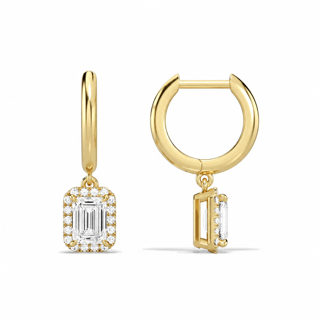 Allegra Emerald Halo Drop Huggie Hoop Diamond Earrings in 14K Yellow Gold second product view