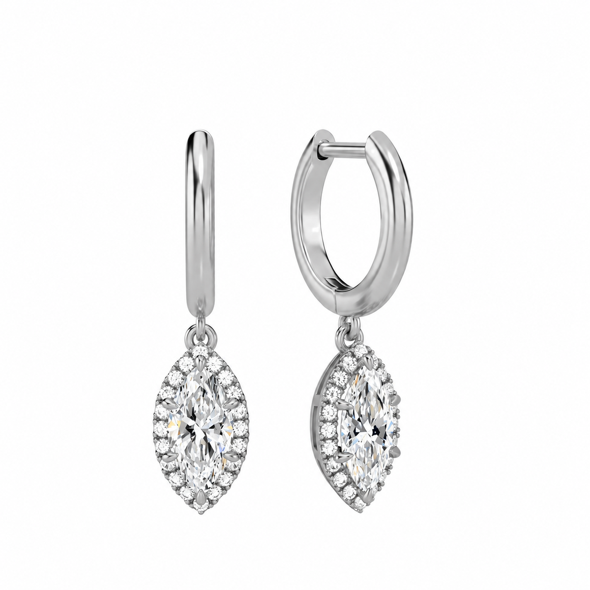 Allegra Marquise Halo Drop Huggie Hoop Lab-Grown Diamond Earrings in 14K White Gold, front view