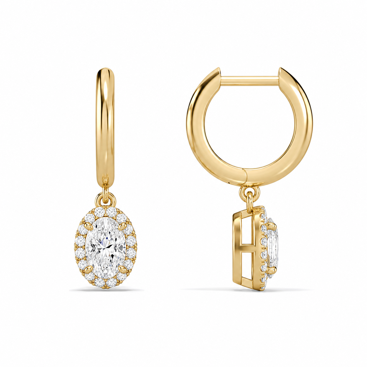 Allegra Oval Halo Drop Huggie Hoop Diamond Earrings in 14K Yellow Gold second product view