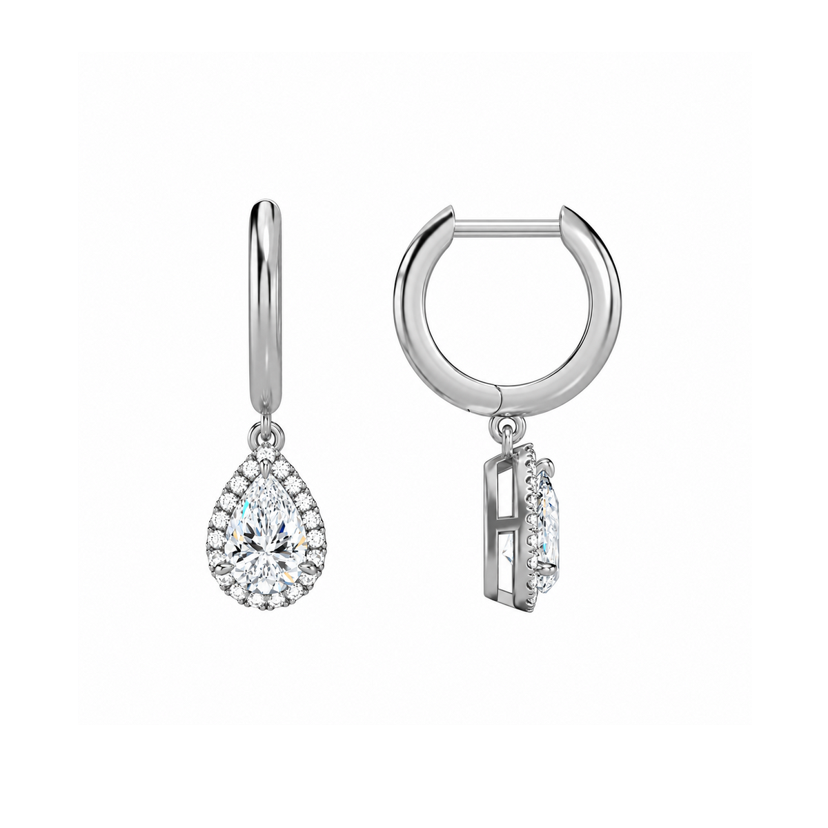 Allegra Pear Halo Drop Huggie Hoop Lab-Grown Diamond Earrings in 18K White Gold, alternate product view