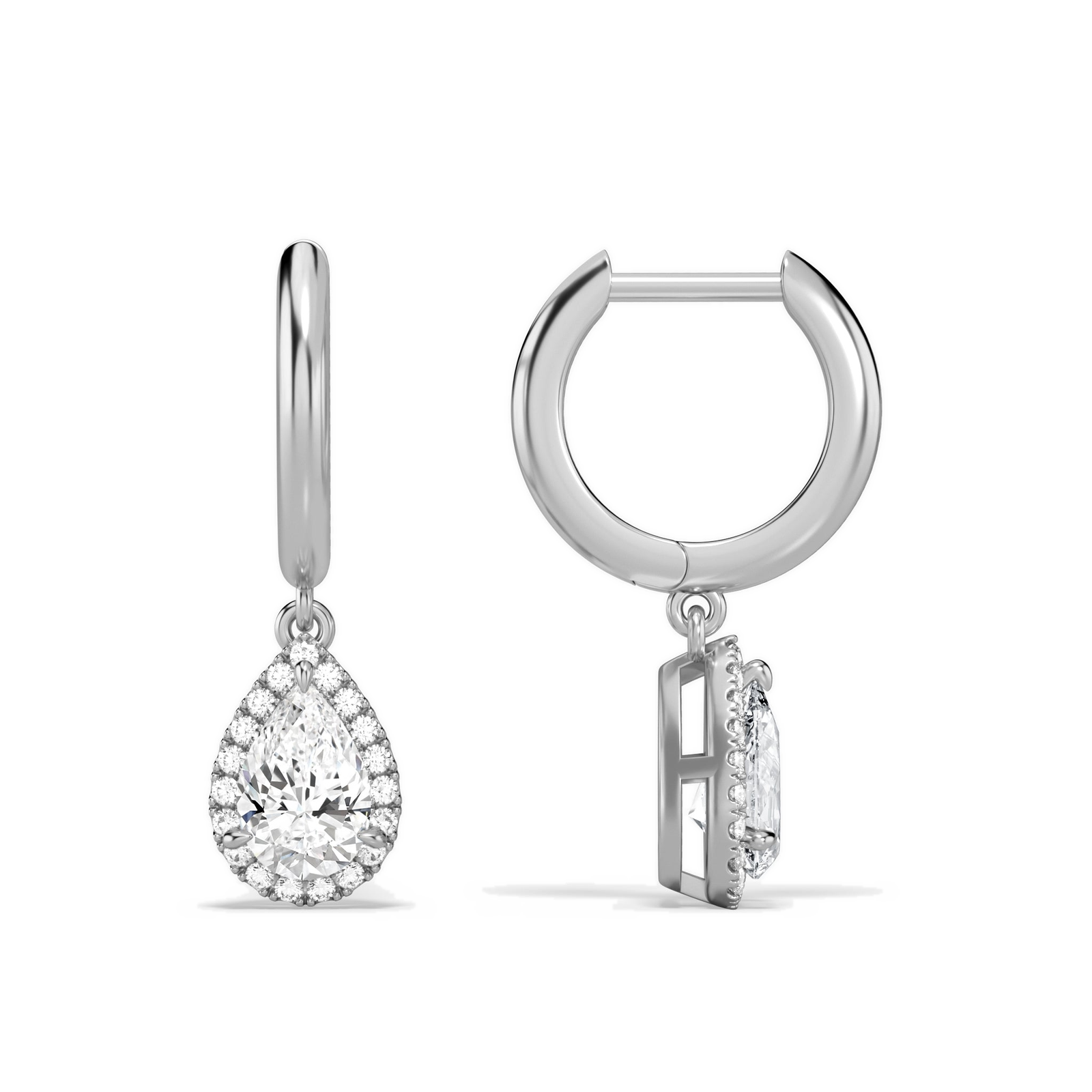 Allegra Pear Halo Drop Huggie Hoop Diamond Earrings in 18K White Gold second product view