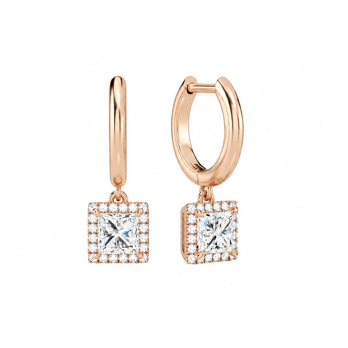Allegra Princess Halo Drop Huggie Hoop Lab-Grown Diamond Earrings in 14K Rose Gold, front view