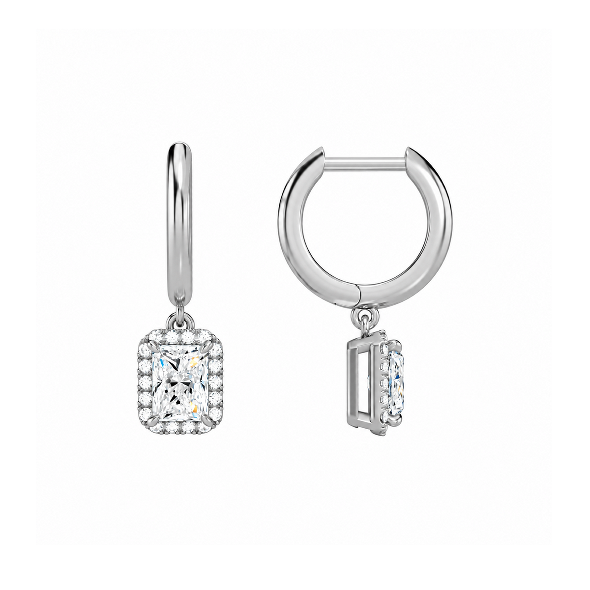 Allegra Radiant Halo Drop Huggie Hoop Lab-Grown Diamond Earrings in 18K White Gold, alternate product view