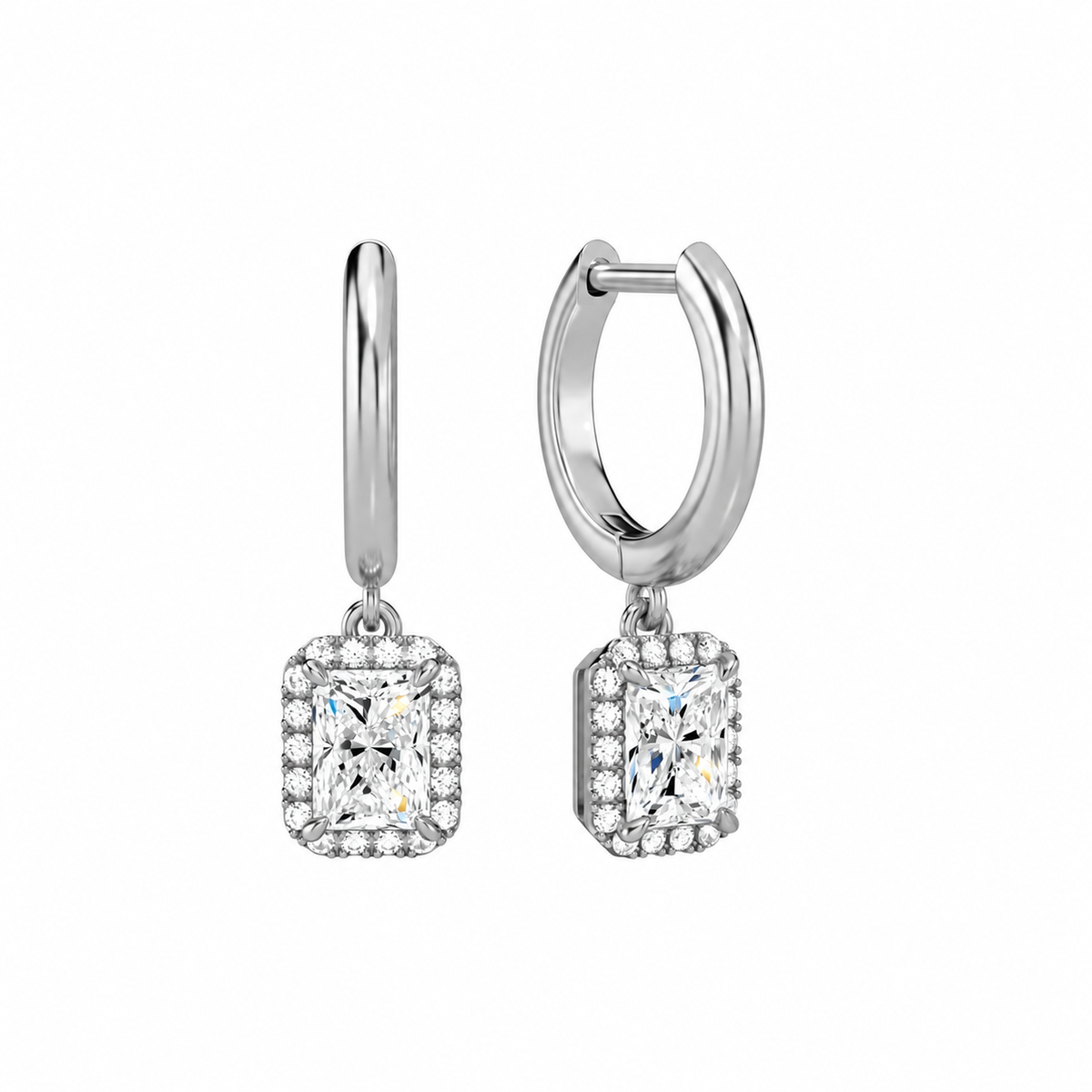 Allegra Radiant Halo Drop Huggie Hoop Lab-Grown Diamond Earrings in Platinum, front view