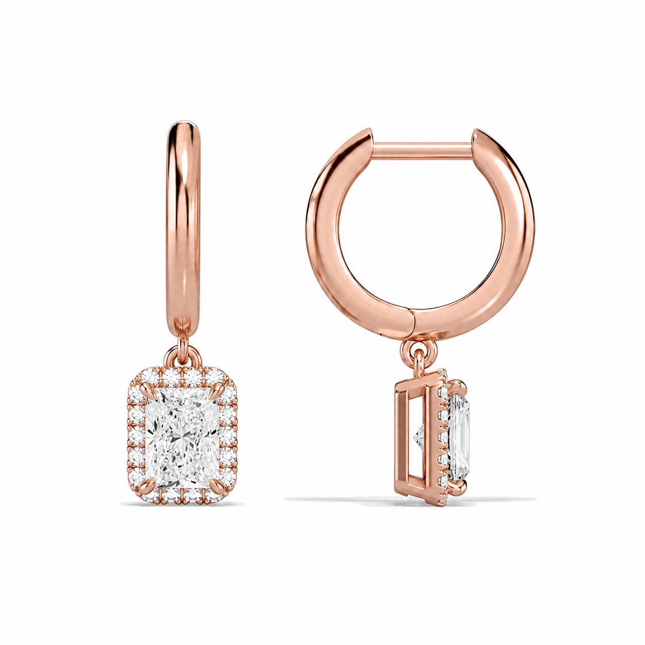 Allegra Radiant Halo Drop Huggie Hoop Diamond Earrings in 14K Rose Gold second product view