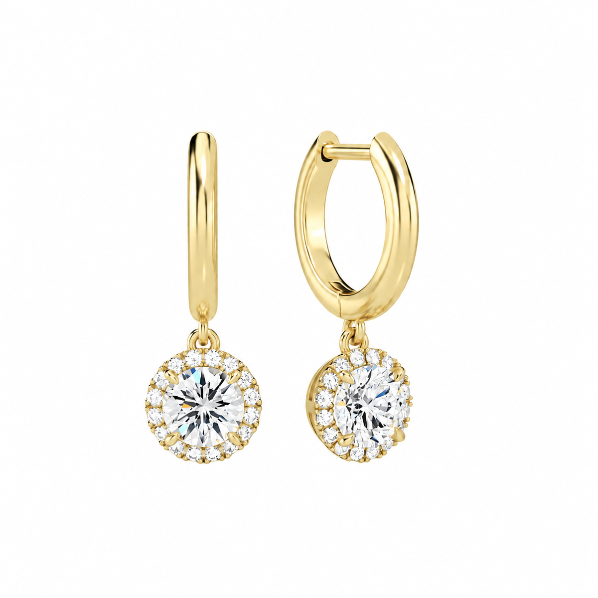 Allegra Round Halo Drop Huggie Hoop Lab-Grown Diamond Earrings in 14K Yellow Gold, front view