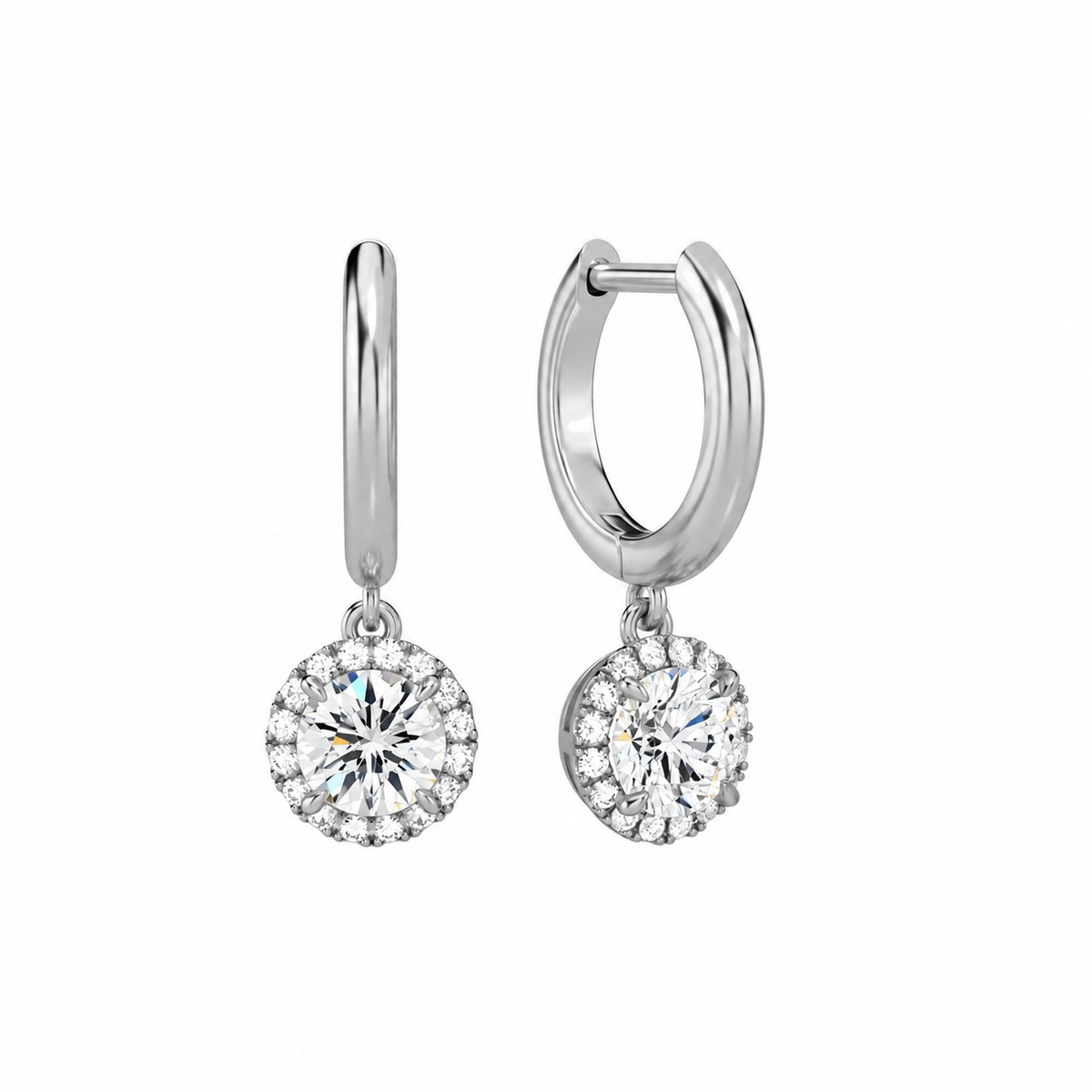 Allegra Round Halo Drop Huggie Hoop Lab-Grown Diamond Earrings in 18K White Gold, front view