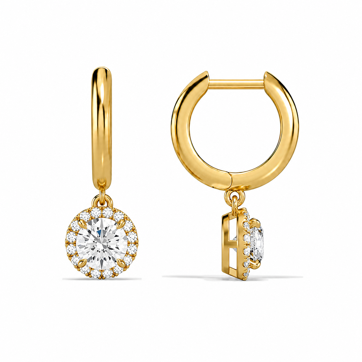 Allegra Round Halo Drop Huggie Hoop Diamond Earrings in 18K Yellow Gold second product view