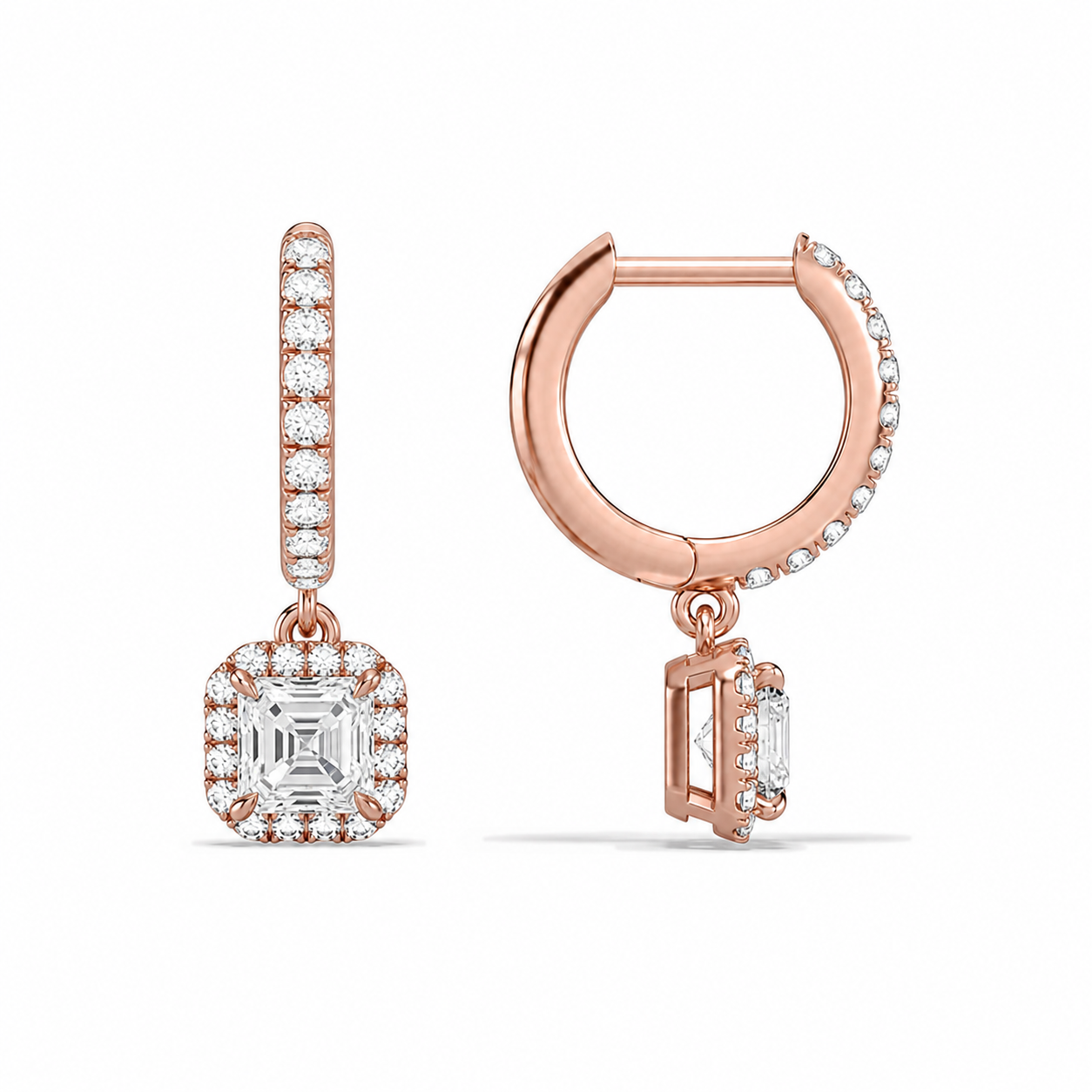 Bellamy Asscher Luxe Drop Huggie Hoop Diamond Earrings in 14K Rose Gold second product view