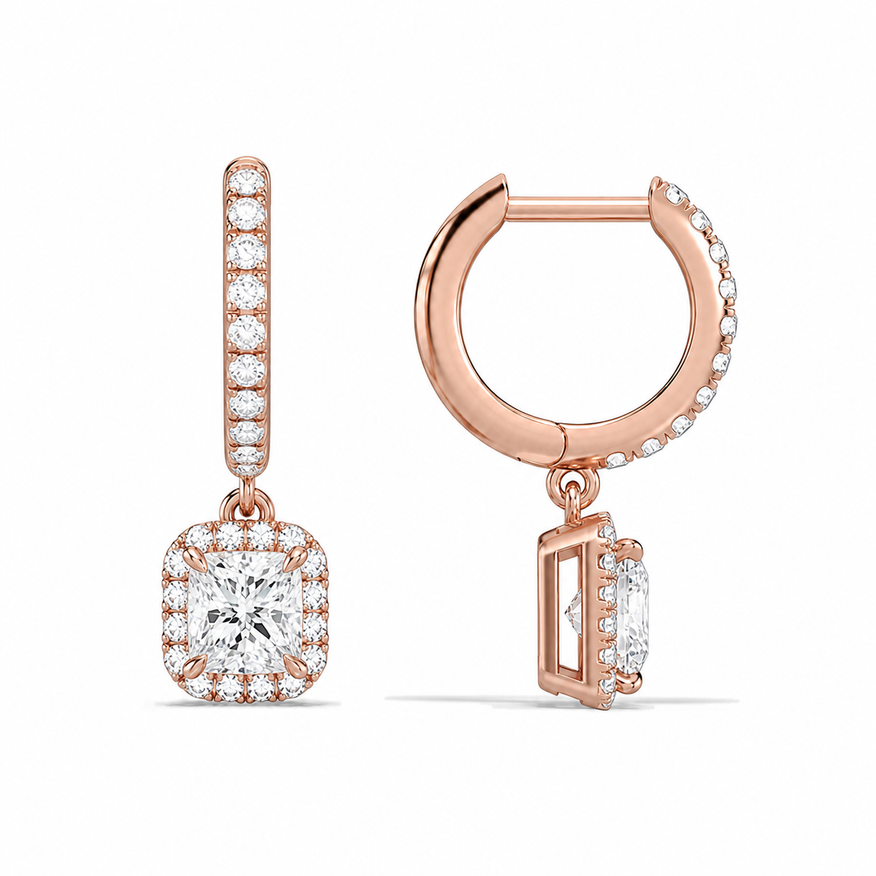 Bellamy Cushion Luxe Drop Huggie Hoop Diamond Earrings in 14K Rose Gold second product view