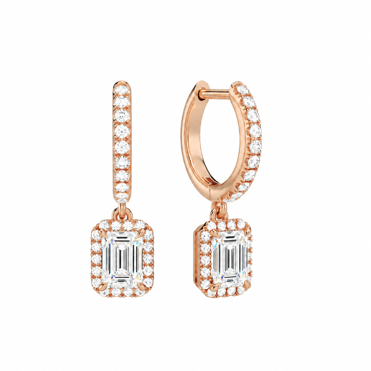 Bellamy Emerald Luxe Drop Huggie Hoop Lab-Grown Diamond Earrings in 14K Rose Gold, front view