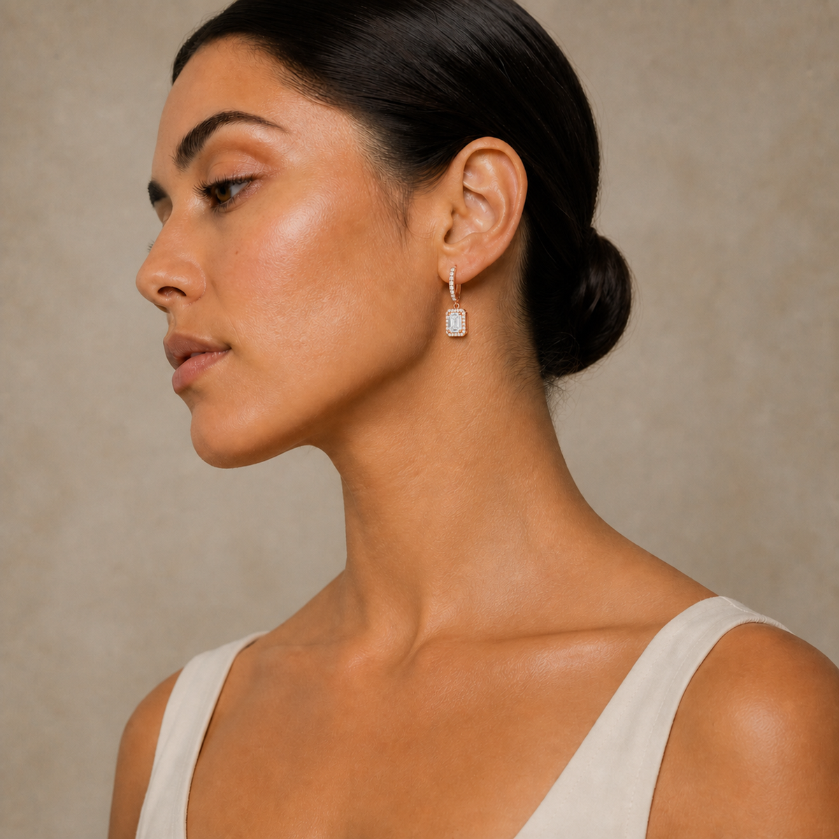 Bellamy Emerald Luxe Drop Huggie Hoop Lab-Grown Diamond Earrings in 14K Rose Gold, worn on ear