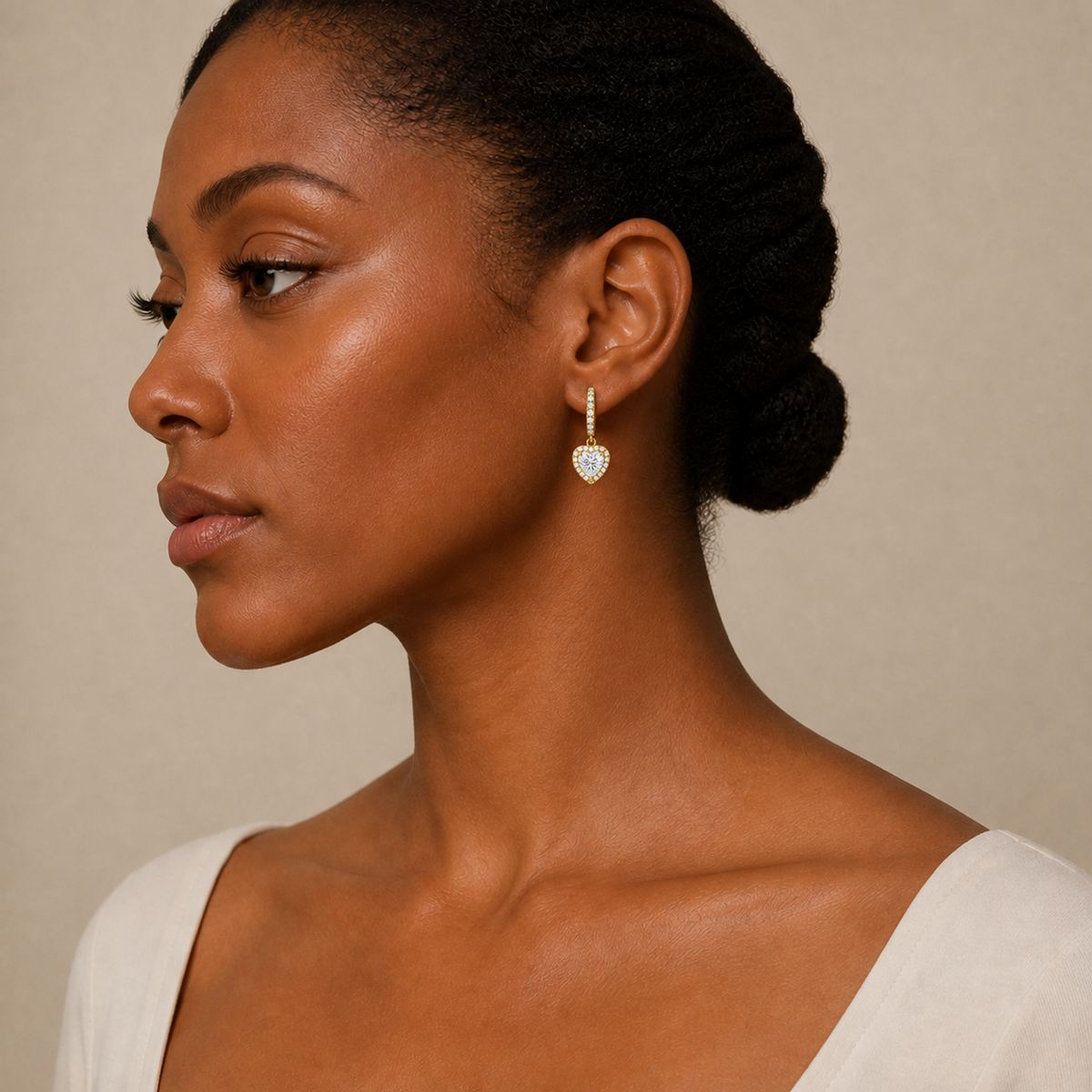 Bellamy Heart Luxe Drop Huggie Hoop Lab-Grown Diamond Earrings in 14K Yellow Gold, worn on ear