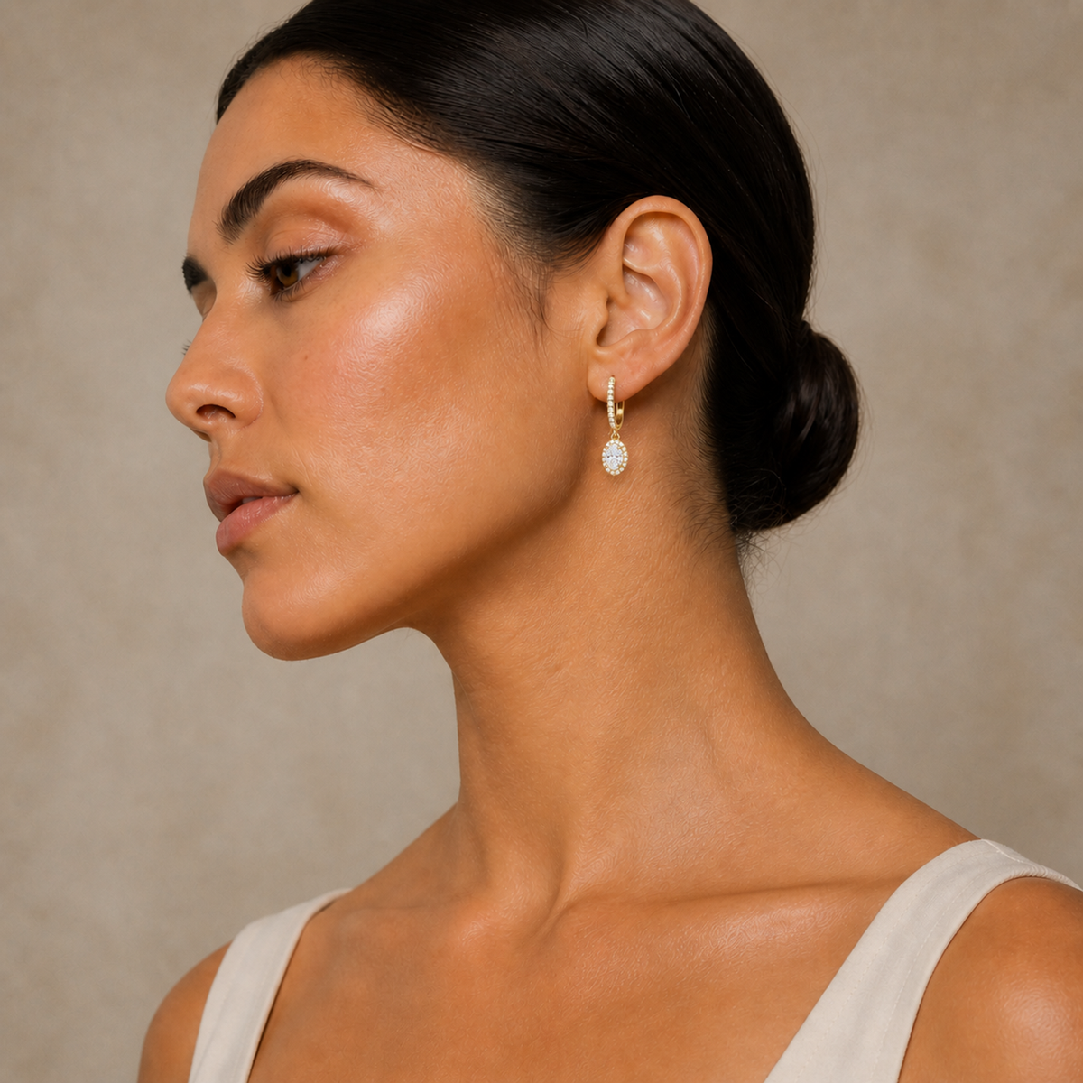 Bellamy Oval Luxe Drop Huggie Hoop Lab-Grown Diamond Earrings in 18K Yellow Gold, worn on ear