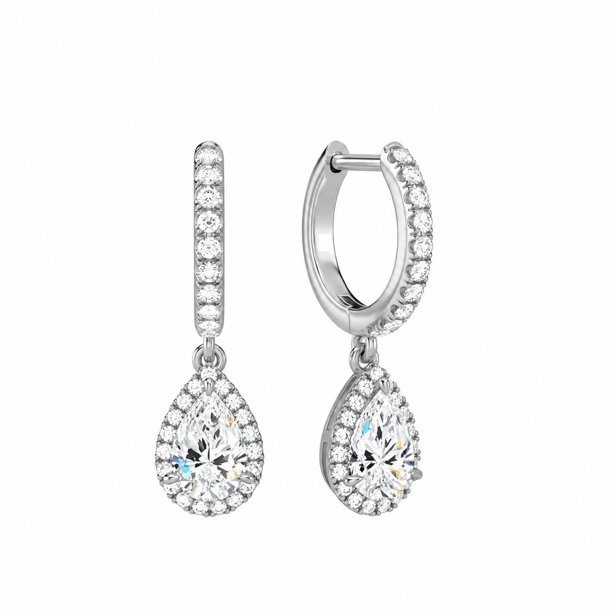 Bellamy Pear Luxe Drop Huggie Hoop Lab-Grown Diamond Earrings in Platinum, front view