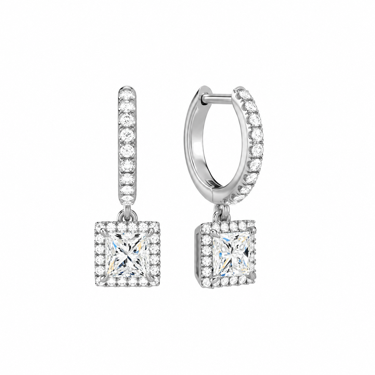 Bellamy Princess Luxe Drop Huggie Hoop Lab-Grown Diamond Earrings in 14K White Gold, front view