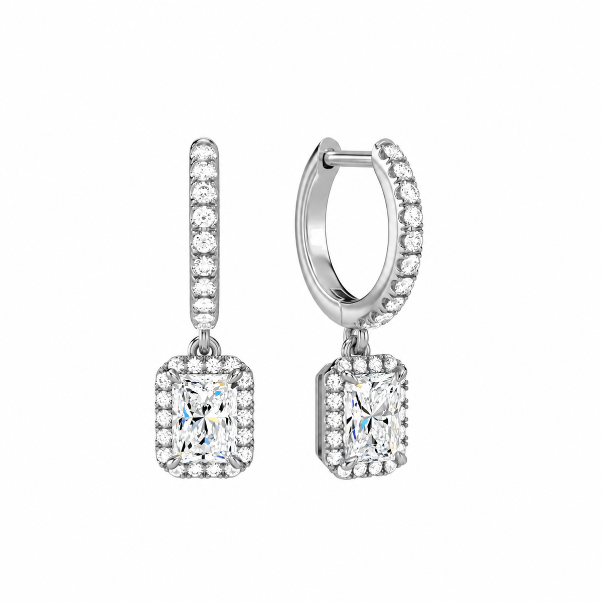 Bellamy Radiant Luxe Drop Huggie Hoop Lab-Grown Diamond Earrings in 14K White Gold, front view