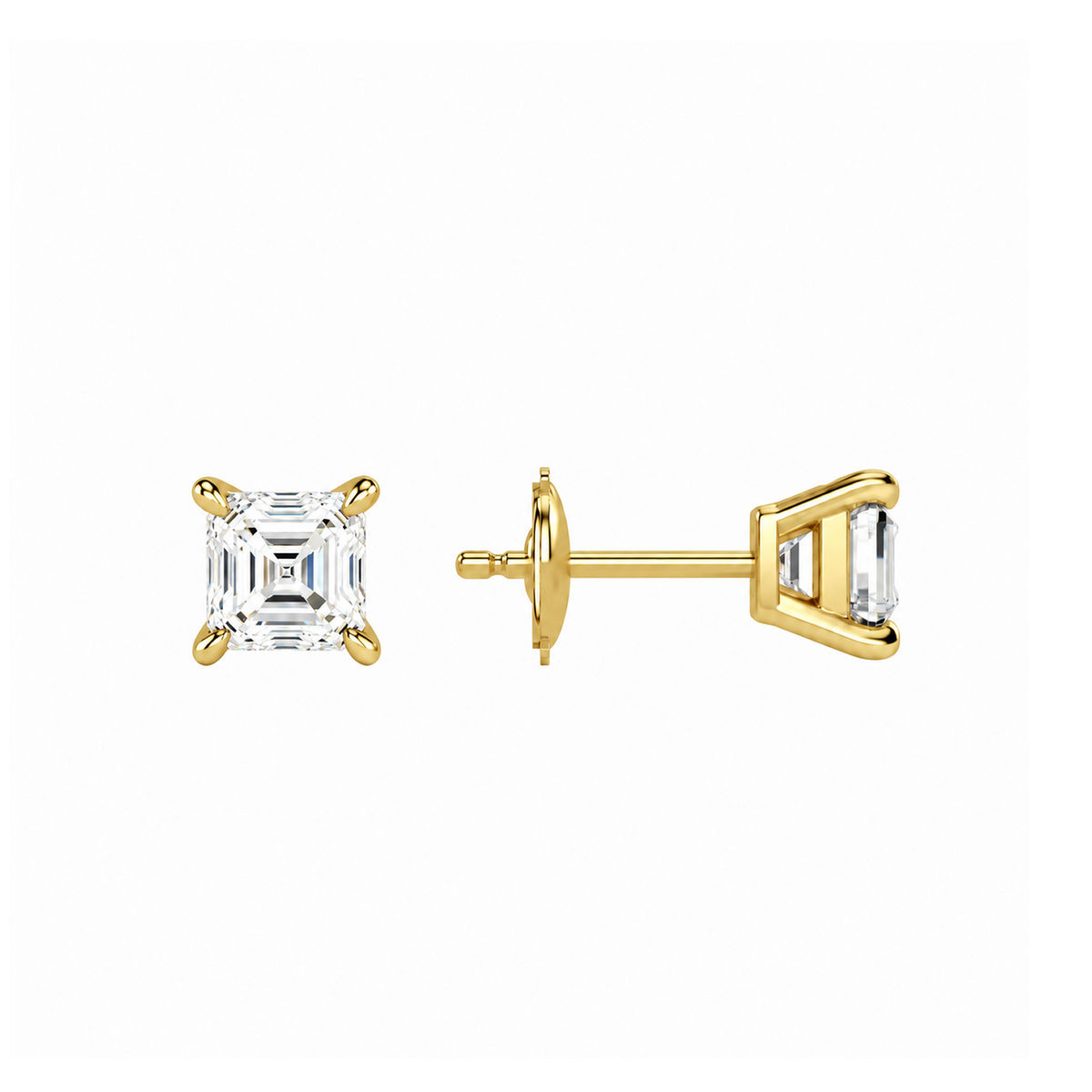 Eira Asscher Solitaire 4-Prong Lab-Grown Diamond Stud Earrings in 18K Yellow Gold, alternate product view