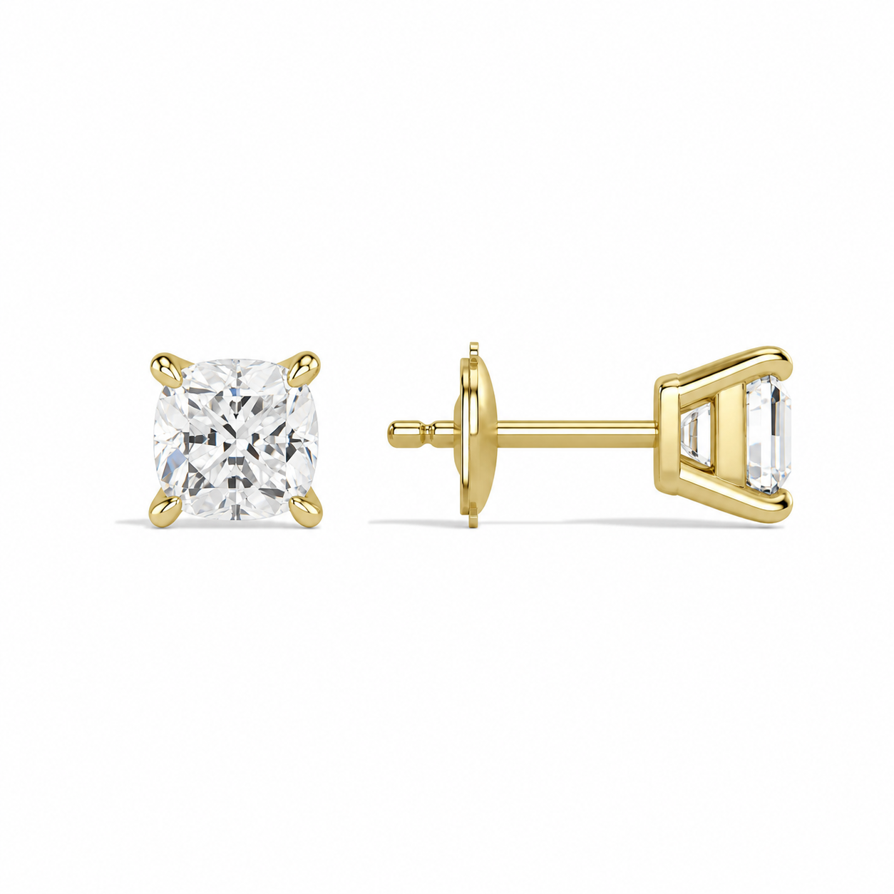 Eira Cushion Solitaire 4-Prong Diamond Stud Earrings in 14K Yellow Gold second product view