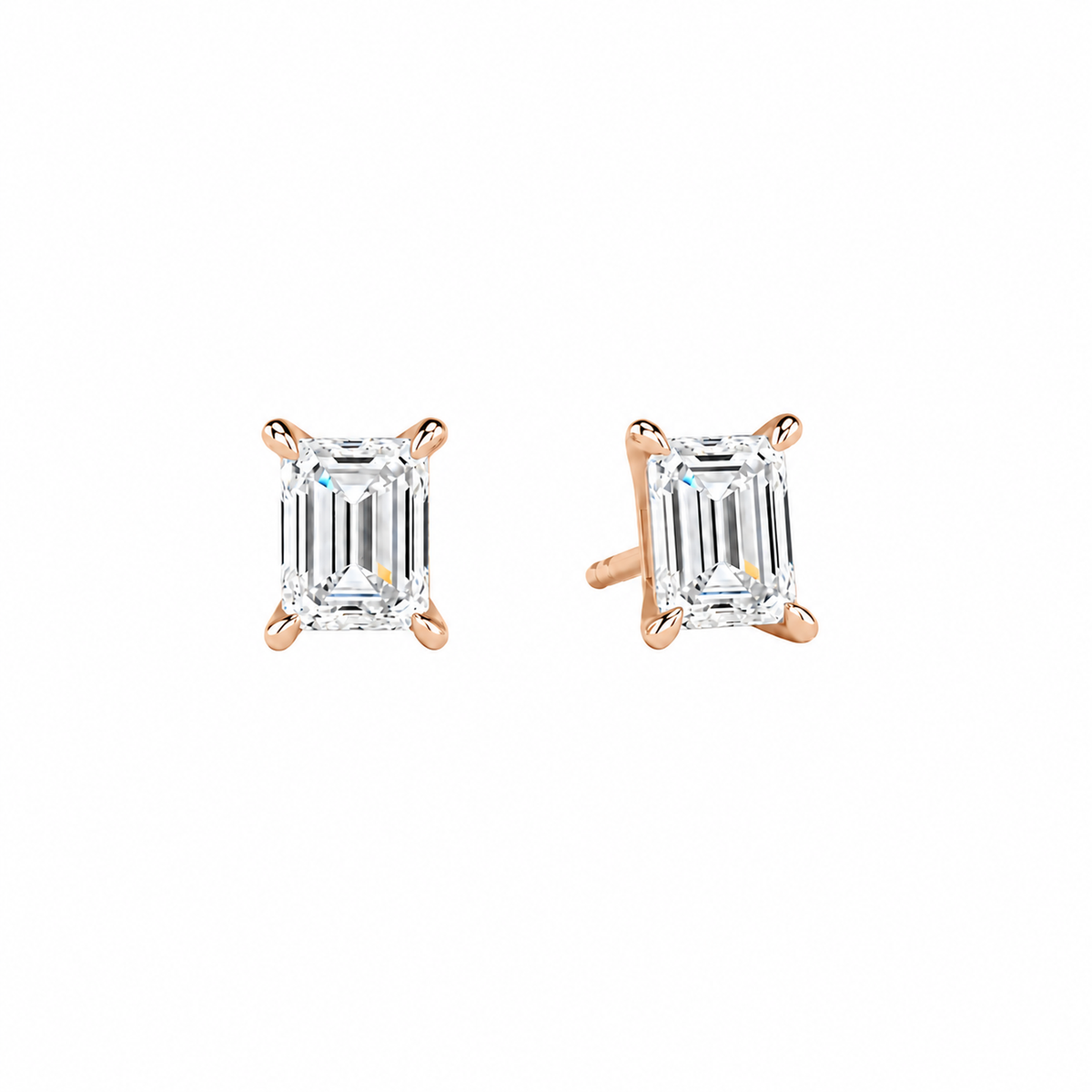 Eira Emerald Solitaire 4-Prong Lab-Grown Diamond Stud Earrings in 14K Rose Gold, front view