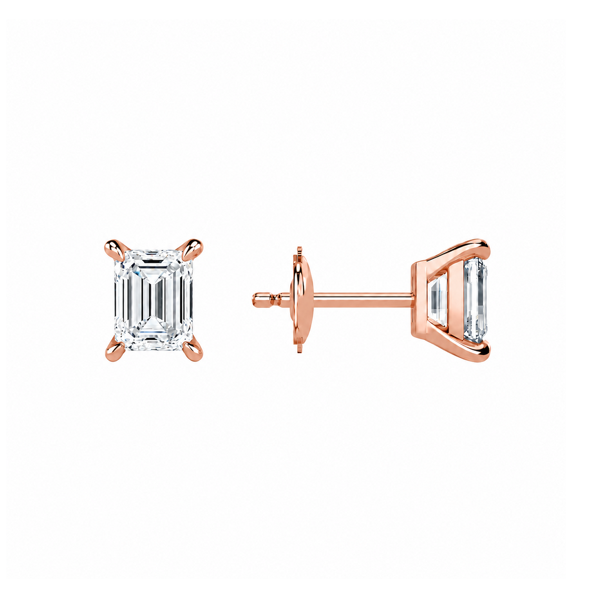 Eira Emerald Solitaire 4-Prong Lab-Grown Diamond Stud Earrings in 14K Rose Gold, alternate product view