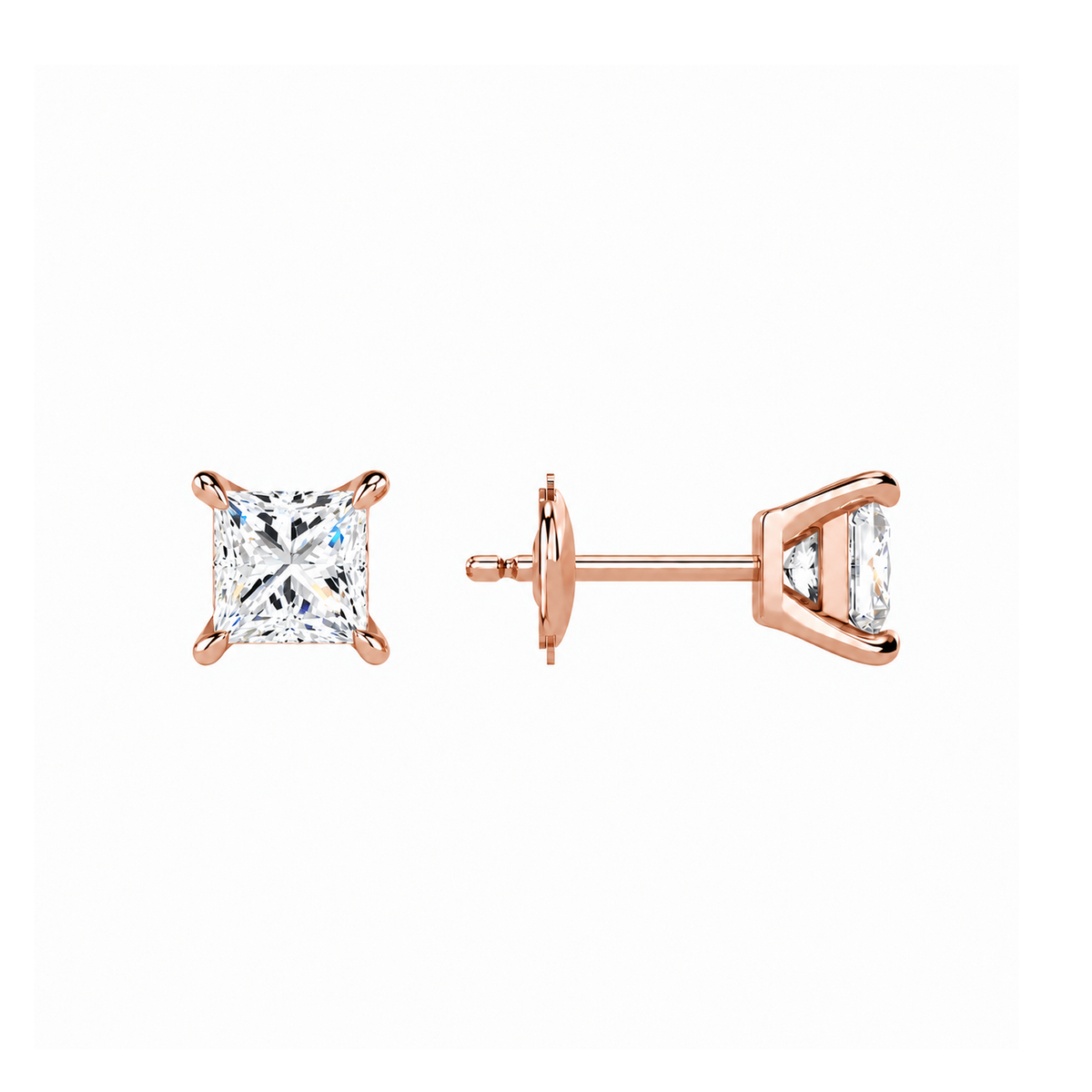 Eira Princess Solitaire 4-Prong Lab-Grown Diamond Stud Earrings in 14K Rose Gold, alternate product view