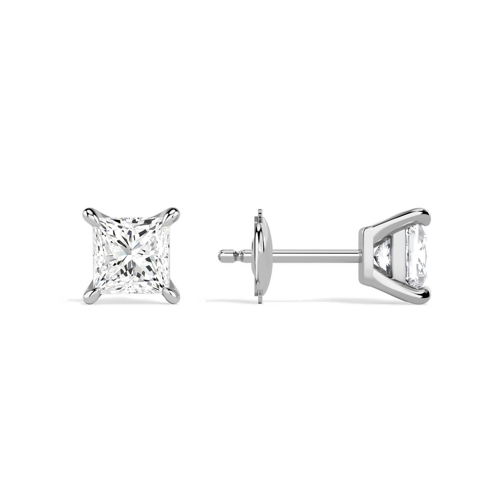 Eira Princess Solitaire 4-Prong Diamond Stud Earrings in 18K White Gold second product view
