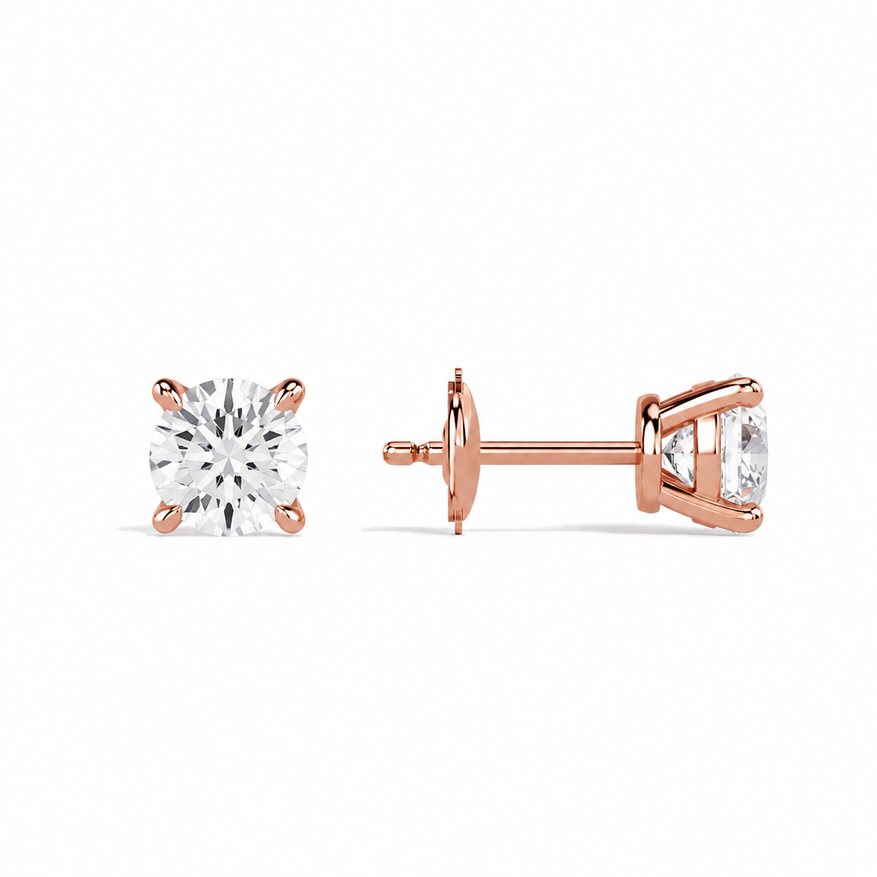 Eira Round Solitaire 4-Prong Diamond Stud Earrings in 14K Rose Gold second product view