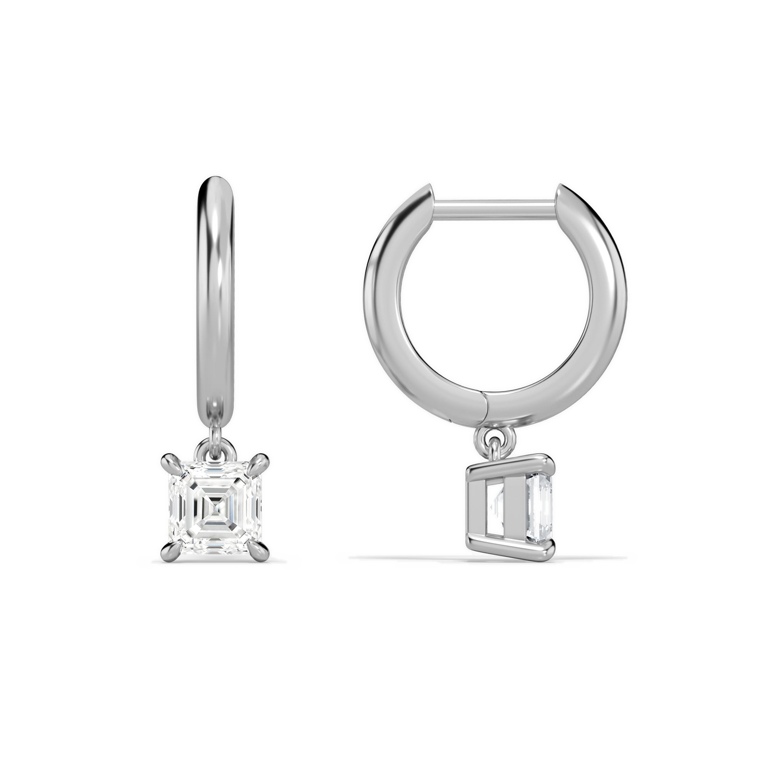 Cerelia Asscher Solitaire Drop Huggie Hoop Diamond Earrings in 14K White Gold second product view