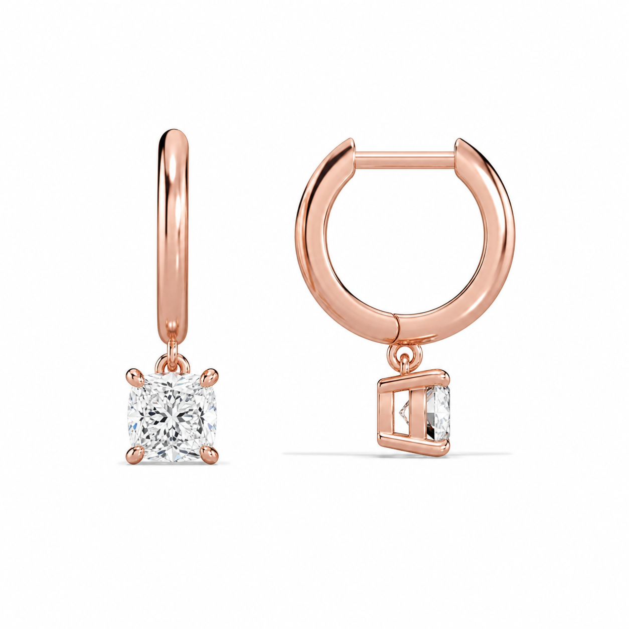 Cerelia Cushion Solitaire Drop Huggie Hoop Diamond Earrings in 14K Rose Gold second product view