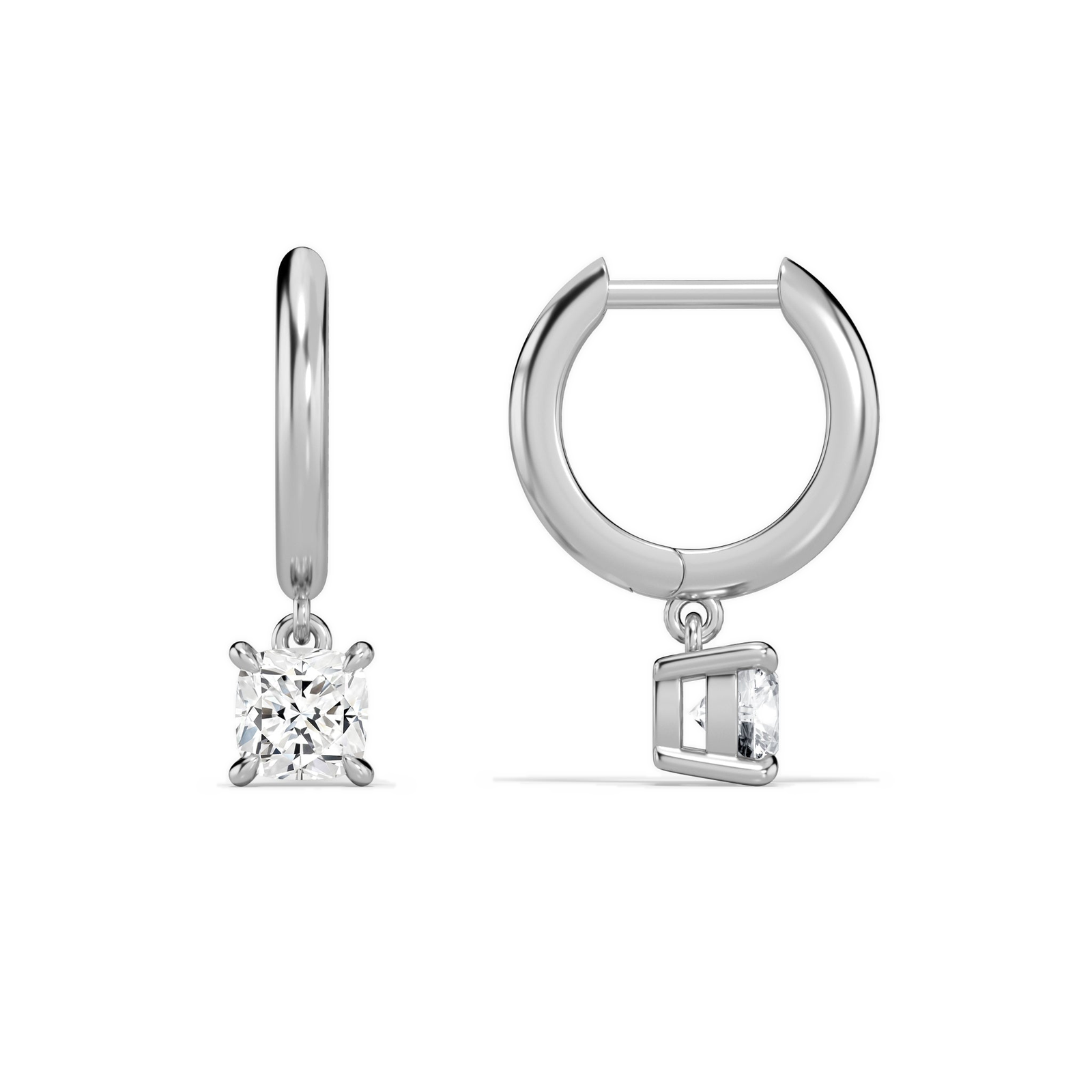 Cerelia Cushion Solitaire Drop Huggie Hoop Diamond Earrings in Platinum second product view