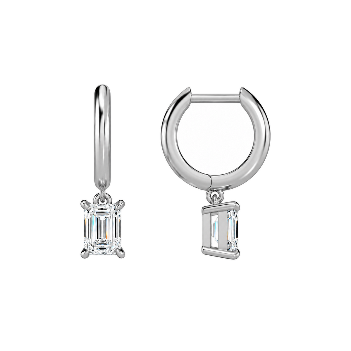Cerelia Emerald Solitaire Drop Huggie Hoop Lab-Grown Diamond Earrings in 14K White Gold, alternate product view