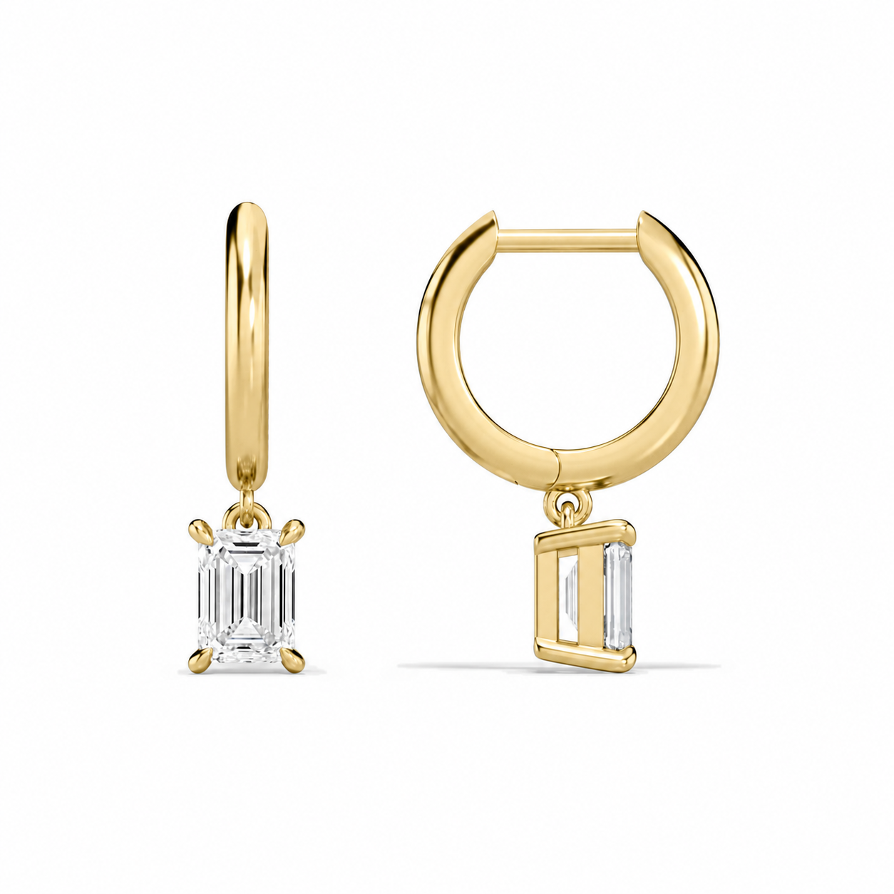 Cerelia Emerald Solitaire Drop Huggie Hoop Diamond Earrings in 18K Yellow Gold second product view