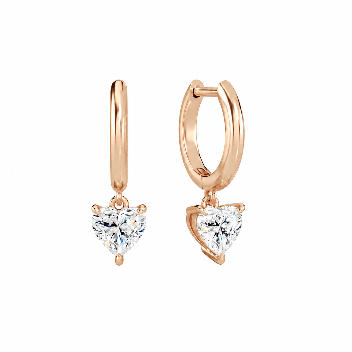 Cerelia Heart Solitaire Drop Huggie Hoop Lab-Grown Diamond Earrings in 14K Rose Gold, front view