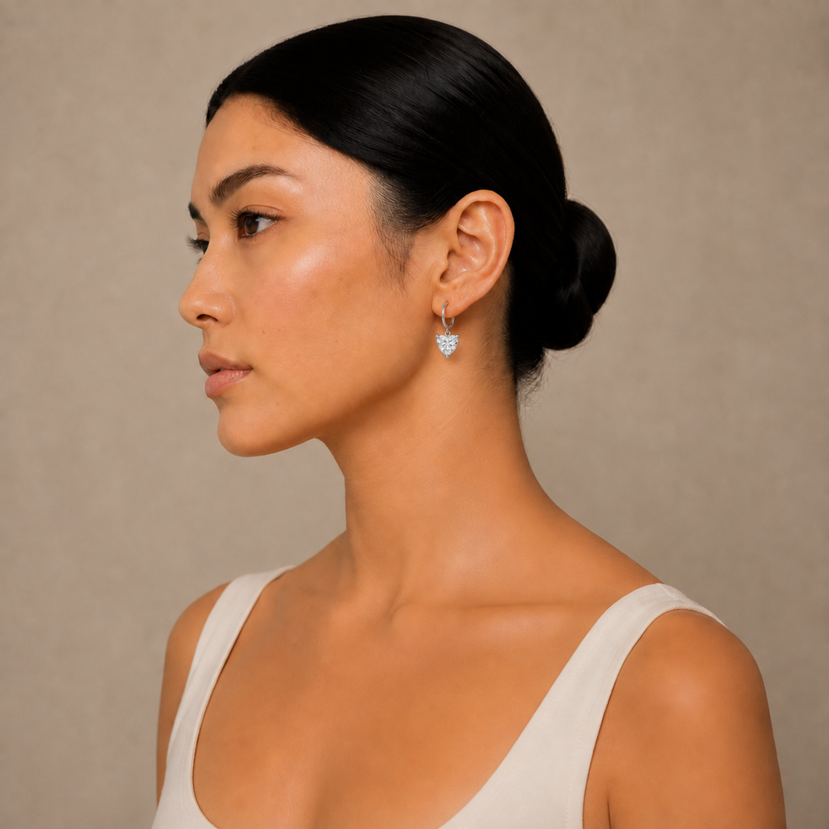 Cerelia Heart Solitaire Drop Huggie Hoop Lab-Grown Diamond Earrings in Platinum, worn on ear
