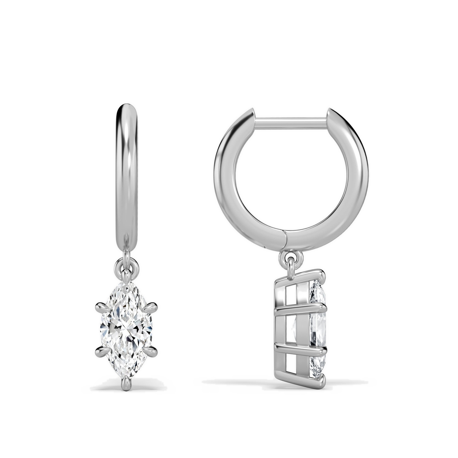 Cerelia Marquise Solitaire Drop Huggie Hoop Diamond Earrings in 14K White Gold second product view