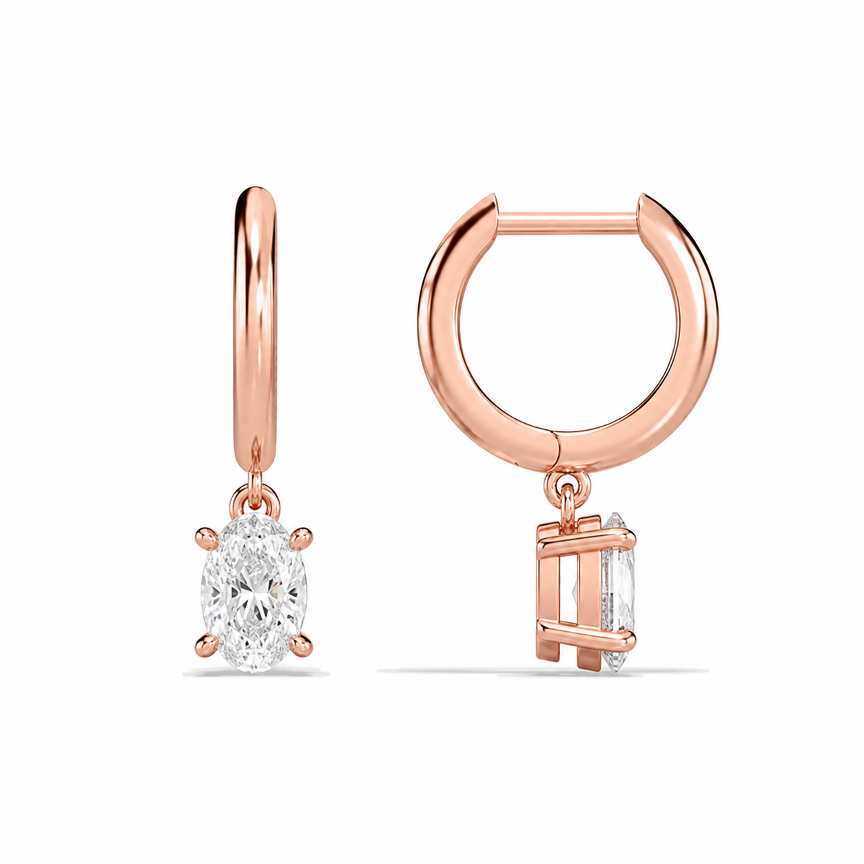 Cerelia Oval Solitaire Drop Huggie Hoop Diamond Earrings in 14K Rose Gold second product view