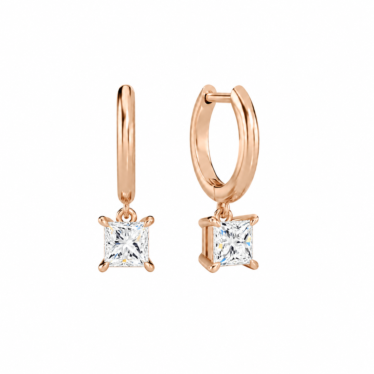 Cerelia Princess Solitaire Drop Huggie Hoop Lab-Grown Diamond Earrings in 14K Rose Gold, front view