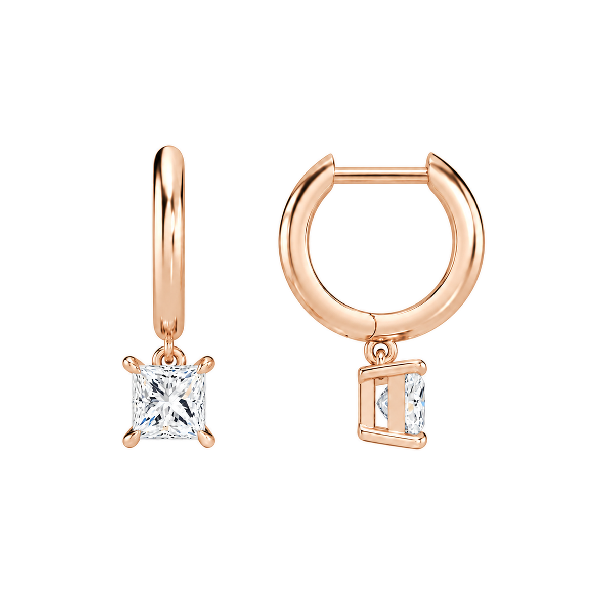Cerelia Princess Solitaire Drop Huggie Hoop Lab-Grown Diamond Earrings in 14K Rose Gold, alternate product view
