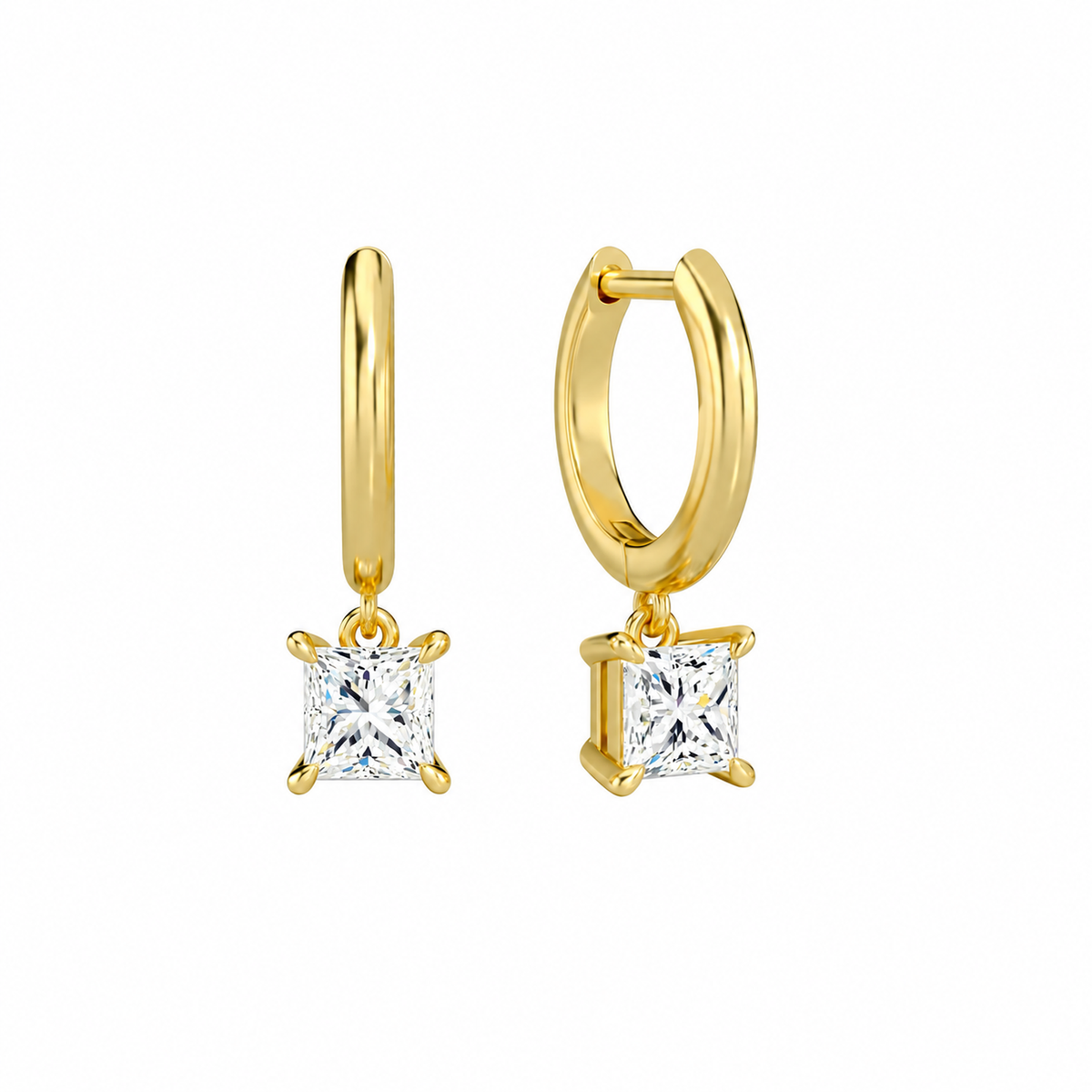 Cerelia Princess Solitaire Drop Huggie Hoop Lab-Grown Diamond Earrings in 14K Yellow Gold, front view