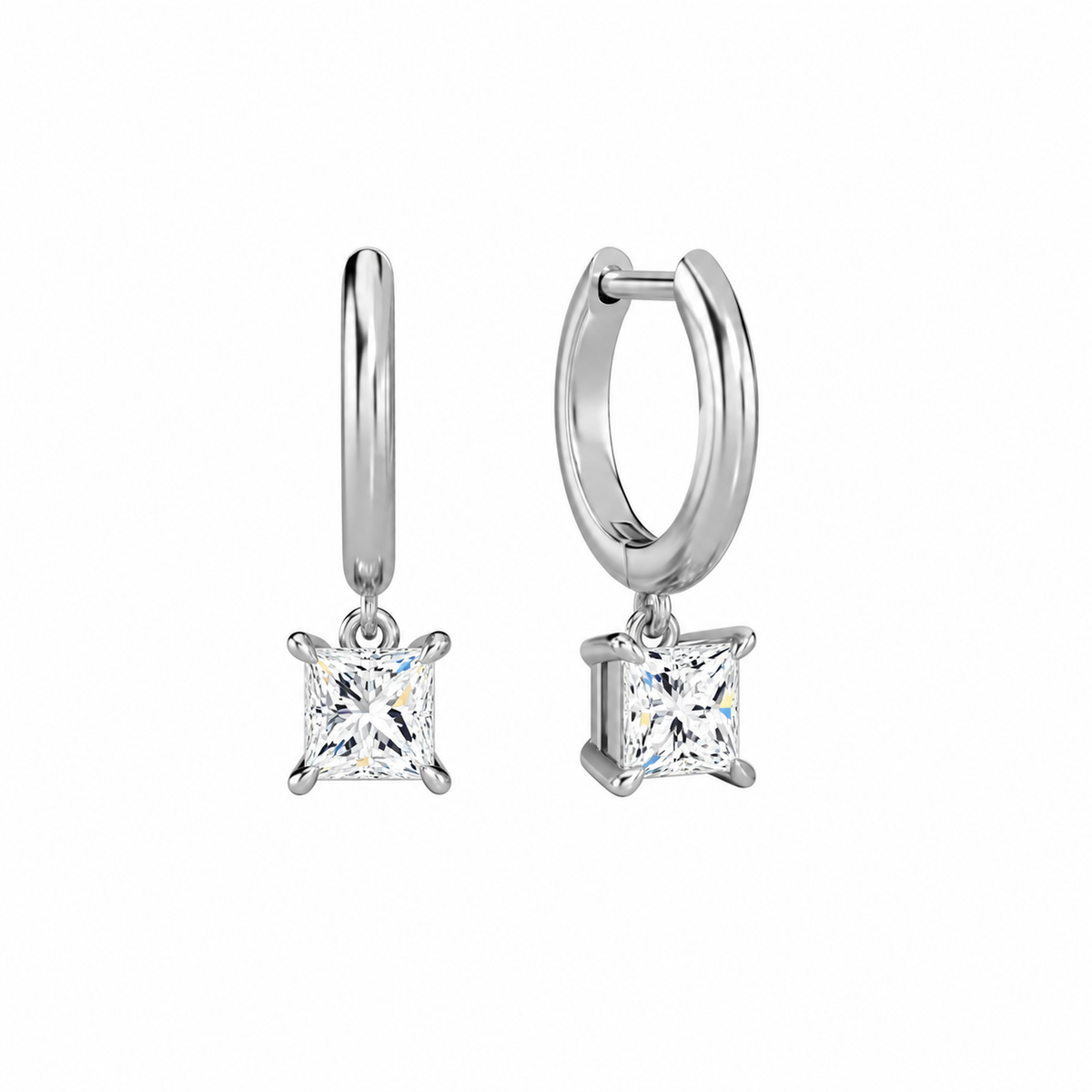 Cerelia Princess Solitaire Drop Huggie Hoop Lab-Grown Diamond Earrings in Platinum, front view