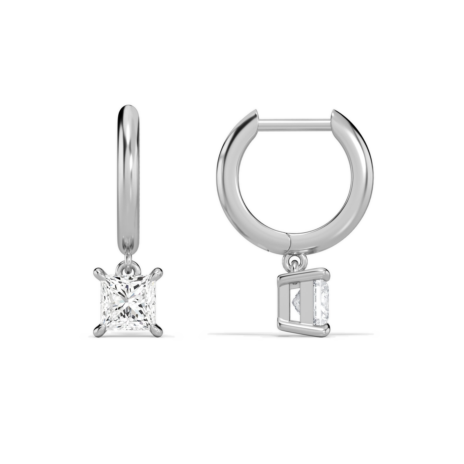Cerelia Princess Solitaire Drop Huggie Hoop Diamond Earrings in 14K White Gold second product view