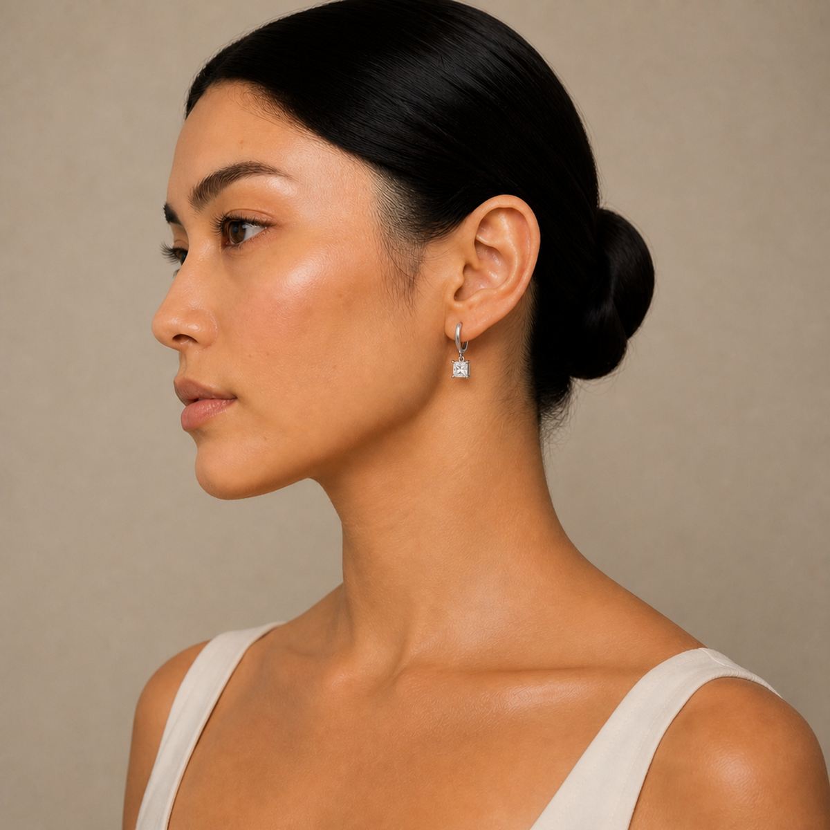 Cerelia Princess Solitaire Drop Huggie Hoop Lab-Grown Diamond Earrings in 14K White Gold, worn on ear